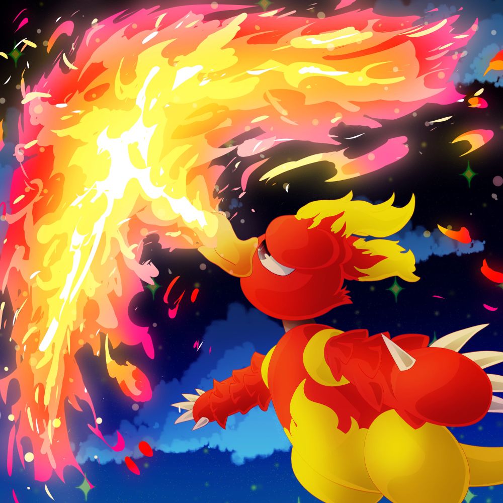 Magmar using Flamethrower in the night sky.