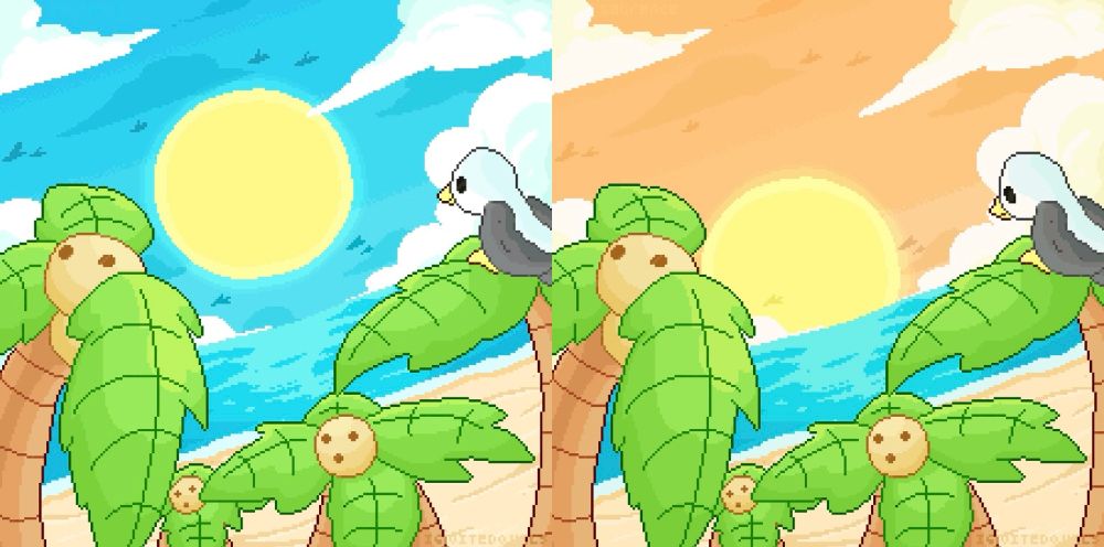 Two pixels containing the day and night cycle of the beach, featuring the bird looking at the sunrise and sunset as birds fly over the sky.