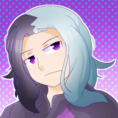 Head artwork of Amethio. He has two tone hair, gray at the left and black at the right, with purple eyes. He wears a dark collared shirt with a purple mark under the left side of the collar.