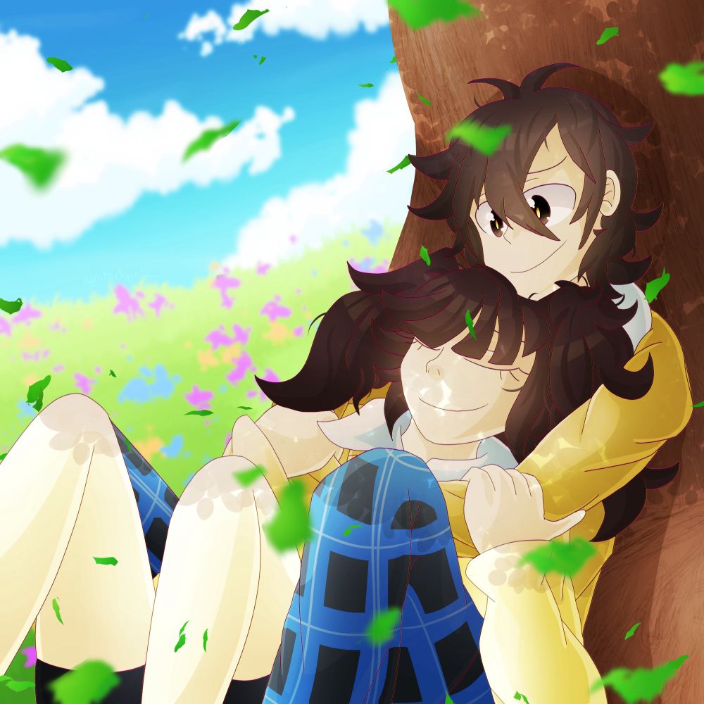 Artwork featuring Haruka Kokonose embracing a calm Takane Enomoto under a leafy tree in a flowery field. 
