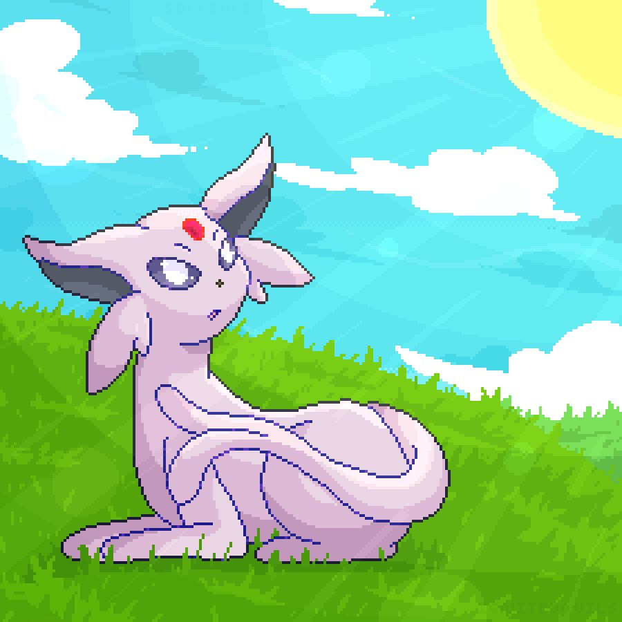 The remade Espeon portrait. It sits on the grass as it looks up at the blue sky. While the sun beams its light down by Morning Sun.