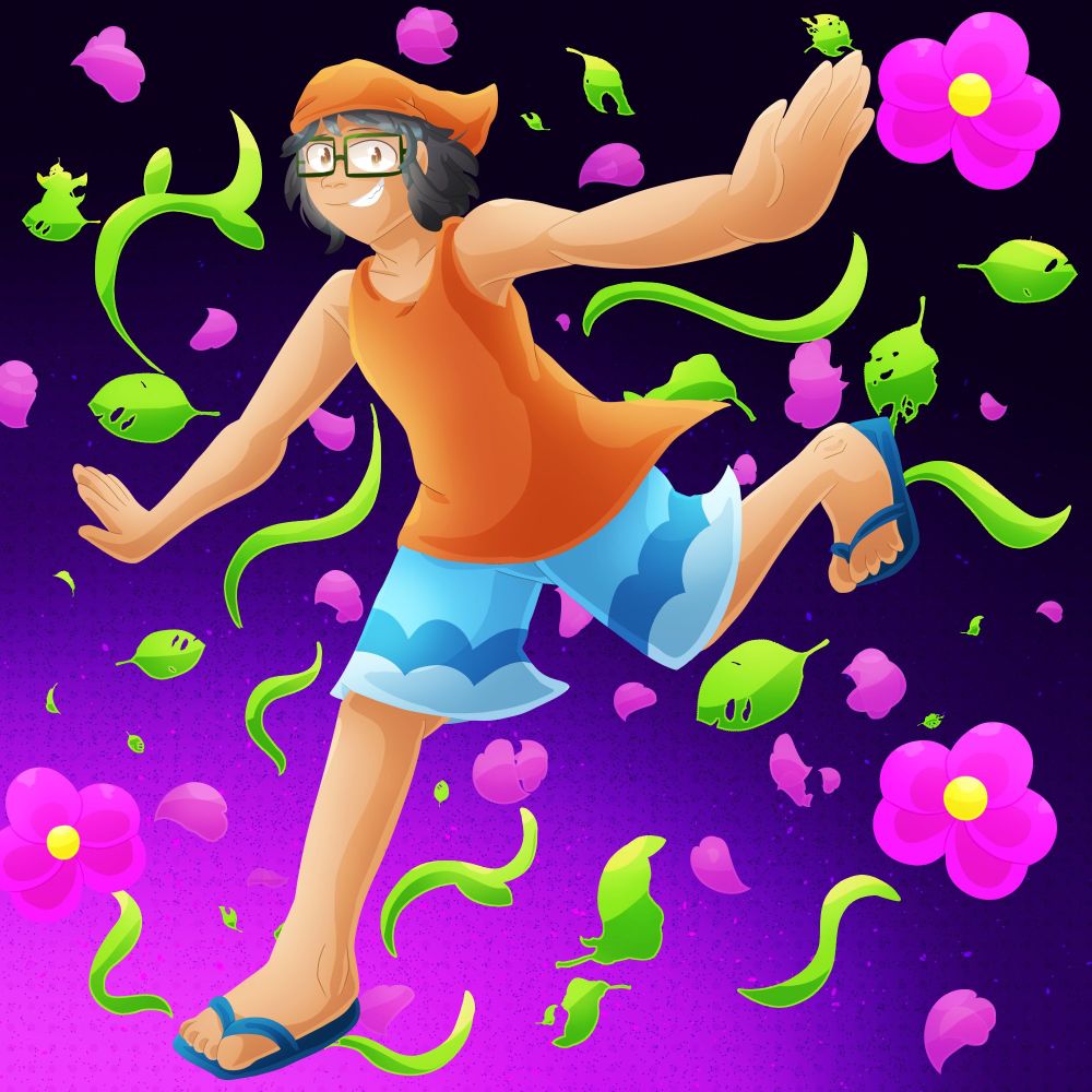 Lineless art piece of my OC, Darian (he/him), running happily in a purple background full of plants surrounding him.