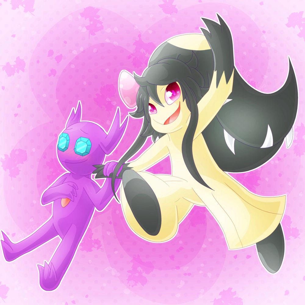 Hana (she/her, the Mawile with a bow) smiles as her friend, Sableye (he/him) holds her hand as he smiles.