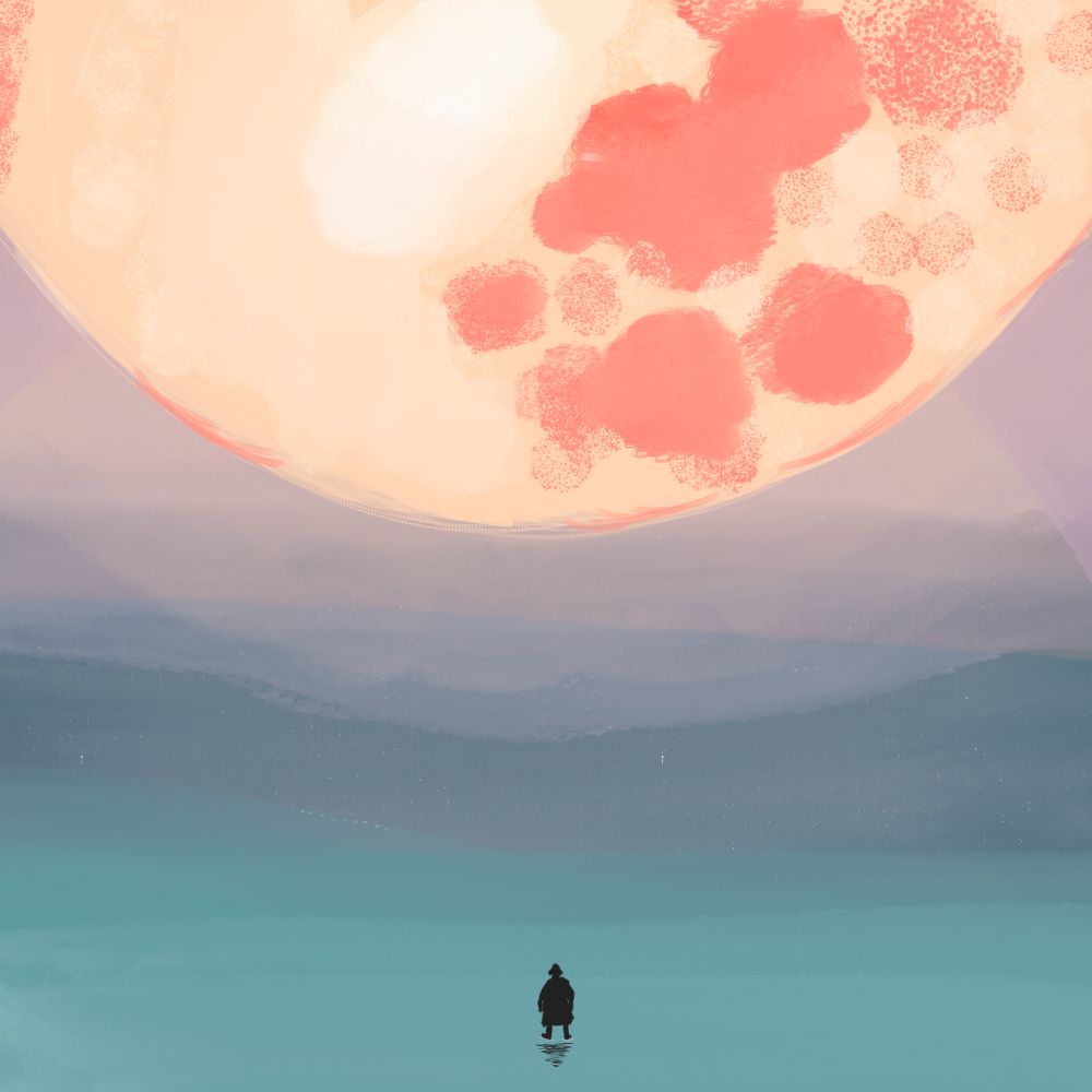 A digital painting of the Hunter from Bloodborne looking up at a blood moon while standing in a vast expanse of water.