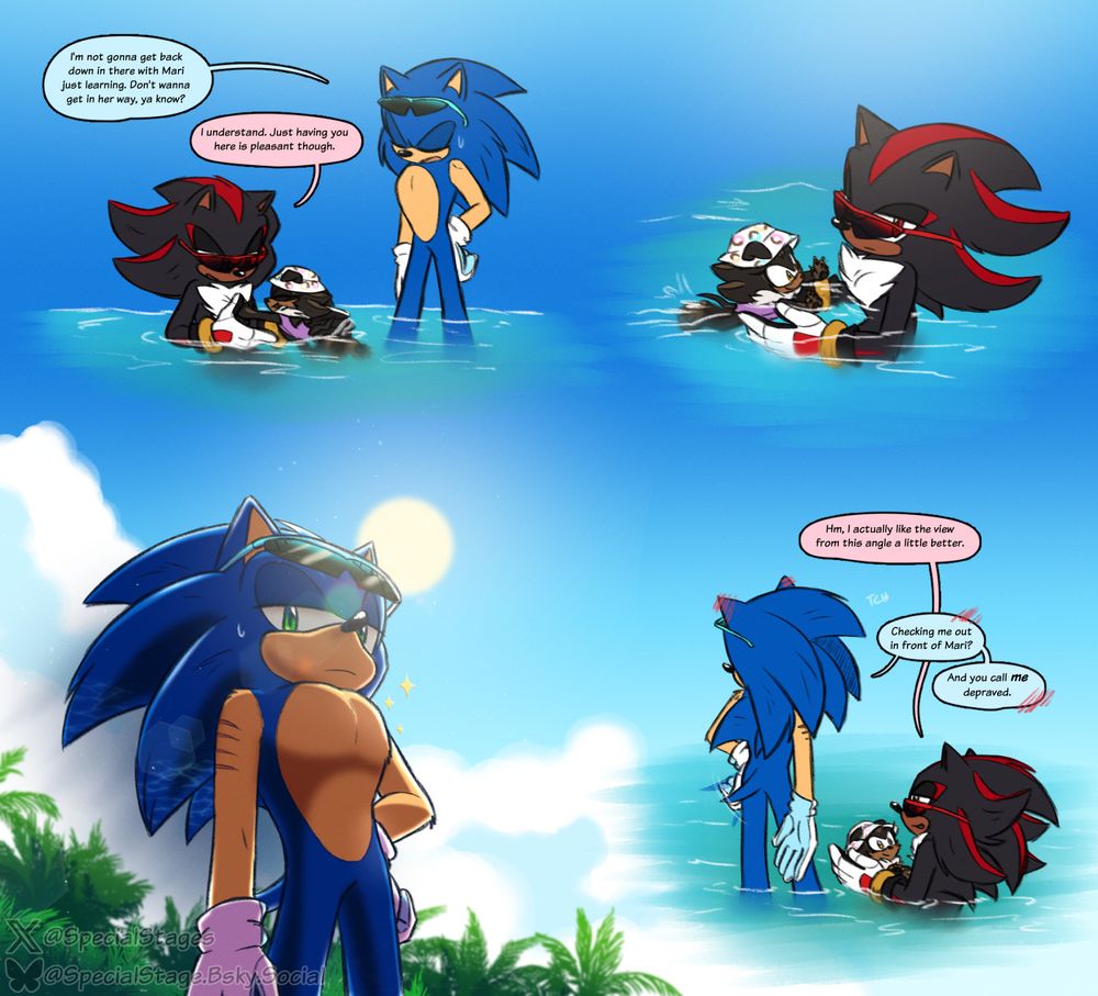 Digital art of Sonic and Shadow with their kid Mari.