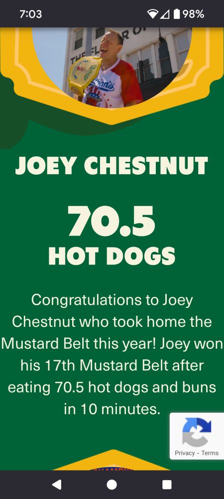 Joey Chestnut ate 70.5 hot dogs in 10 minutes. 