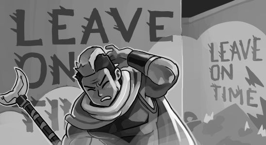 A large, muscular man with a mohawk is covering his head in the wake of a large explosion.  Dust is kicked up in the air, and the lyrics "Leave on time, leave on time" are written on the wall behind him.