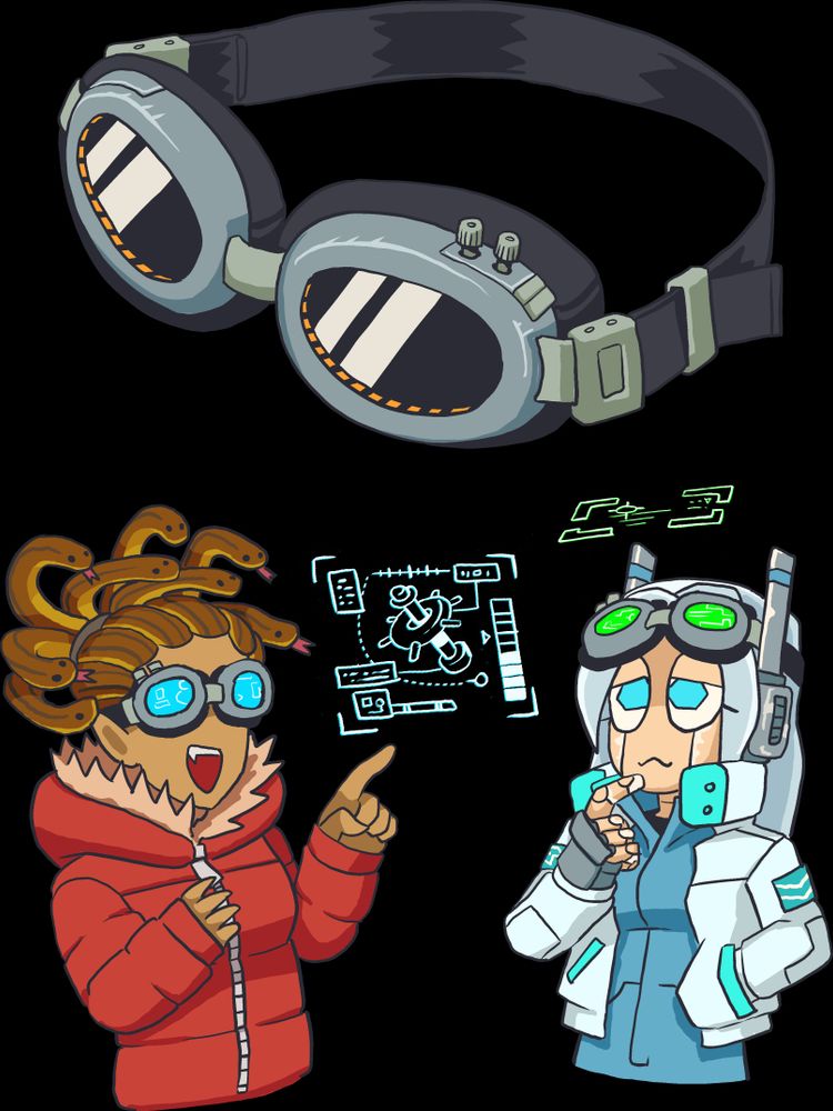 Two women from space demonstrate the utility of a pair of goggles which project a heads-up display into their field of view.
