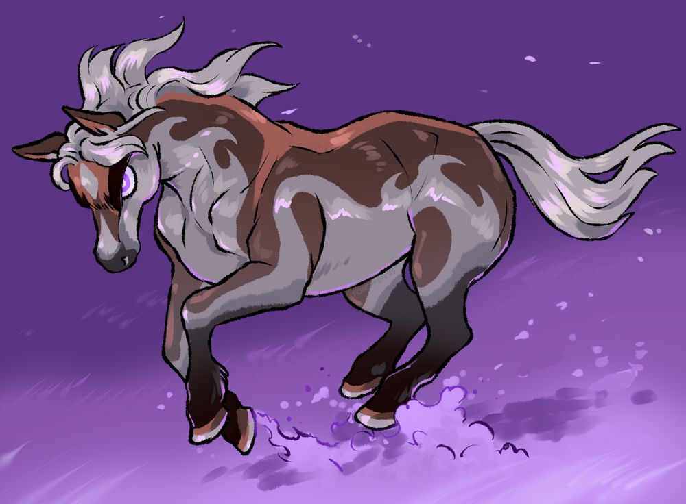 a digital illustration of a horse with a brown and silver pelt and lavender eyes charging forward with a determined expression. Kicking up lavender-colored dust on a simple backdrop.