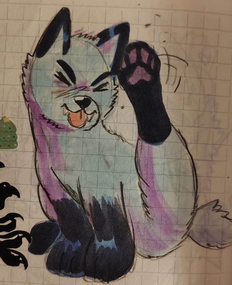 A colored sketch of a small blue dog with pointy black ears and black sock pelt markings raising his hind leg to scratch his ear. His eyes are squinted shut and his tongue is poking out between his fangs.