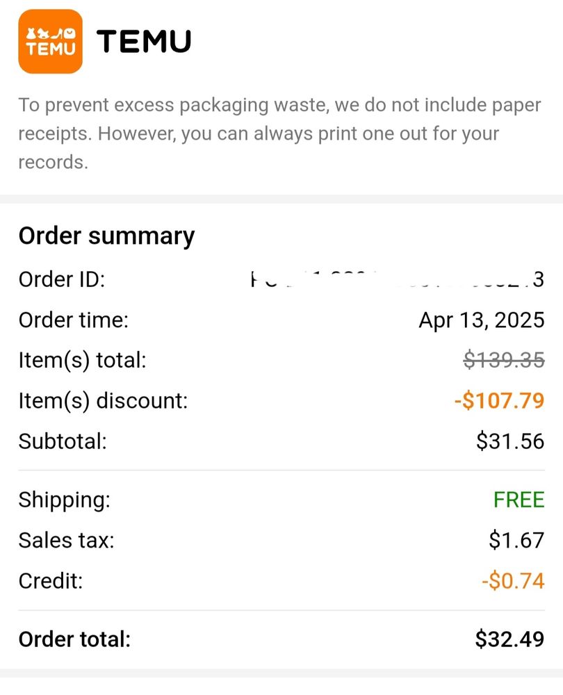 Temu receipt 4/13/25 without tariffs important charged. 