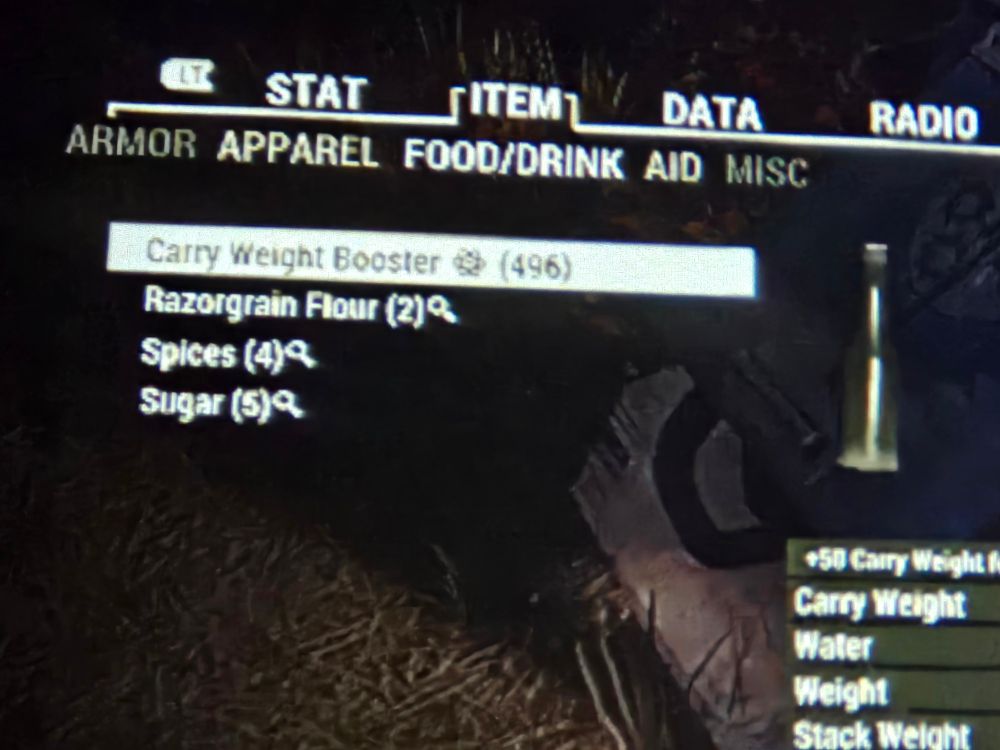 An item menu from the Fallout 76 game showing a comically high amount of consumables
