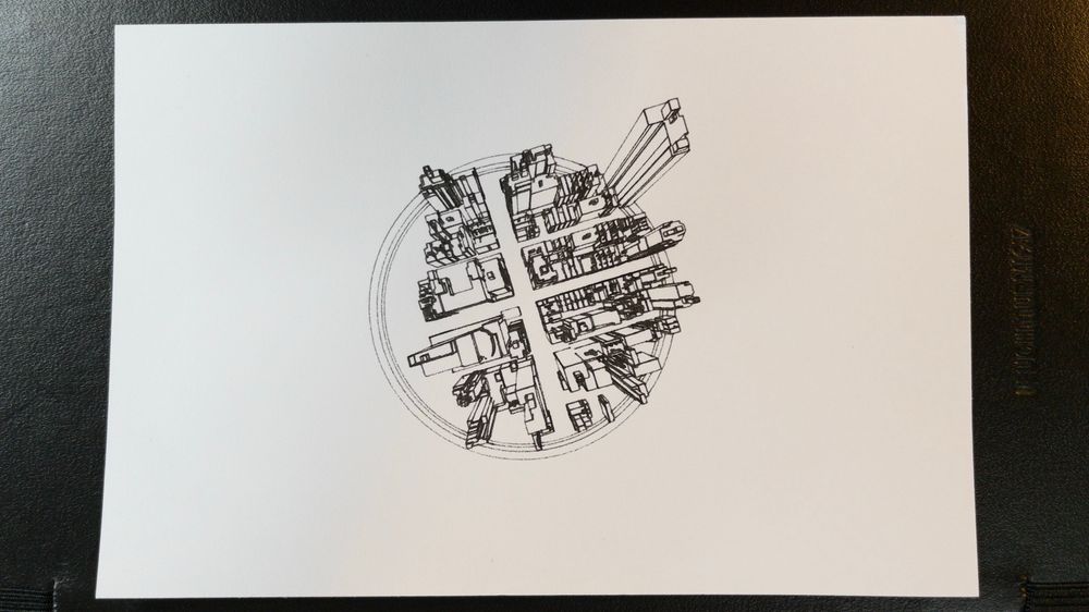 overhead view of a few blocks of Manhattan rendered with exaggerated perspective, black ink on white paper