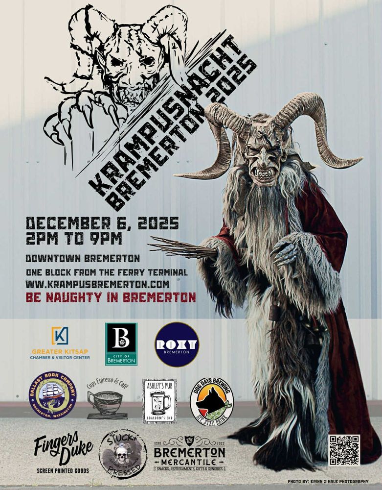 Krampusnacht Bremerton 2025
December 6, 2025
2pm to 9pm
Downtown Bremerton
One block from the ferry terminal