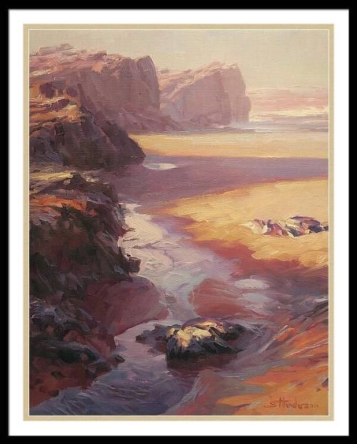 Framed print of an original oil painting depicting rocks and beach near the ocean.