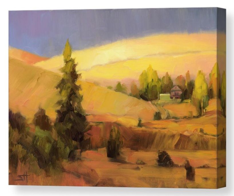 Canvas print of an original oil painting depicting a summer farm scene in late afternoon.