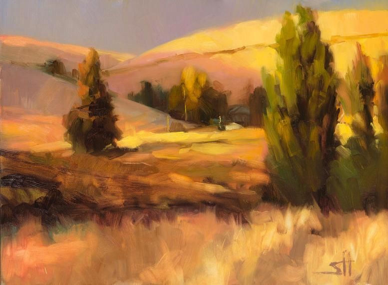 Art print of an original oil painting depicting a golden summer meadow in the country, in summer.
