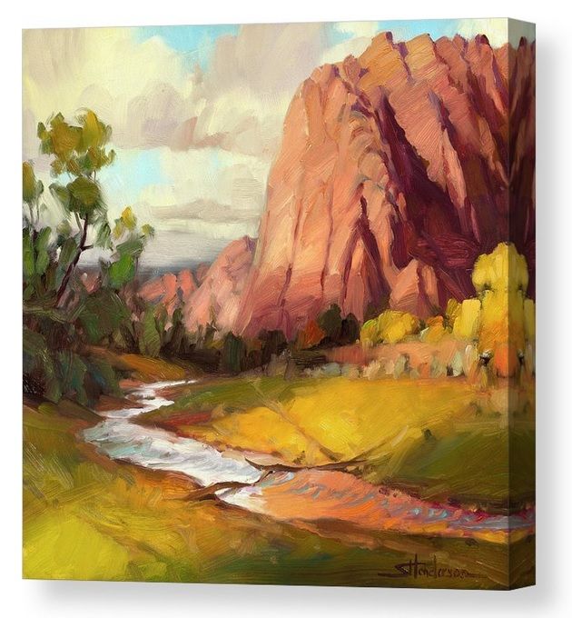 Canvas print of an original oil painting depicting a small river running through a quiet Southwest valley.