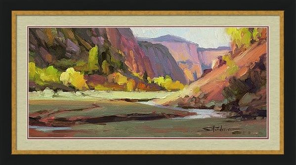 Framed print of an original oil painting depicting a valley surrounded by the pink cliffs of Zion National Park, Utah, USA.