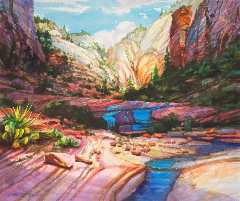 Art print of an original watercolor painting depicting a small stream winding its way through a rugged Southwest landscape.