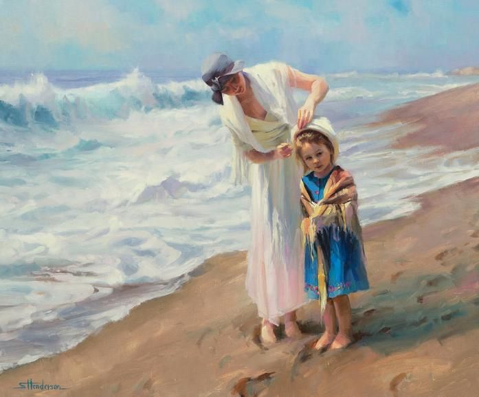Art print of an original oil painting depicting a mother and child on the beach.