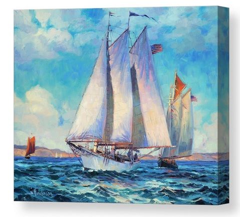 Canvas print of an original oil painting depicting a sailboat, on a sunny day, out on the bay.