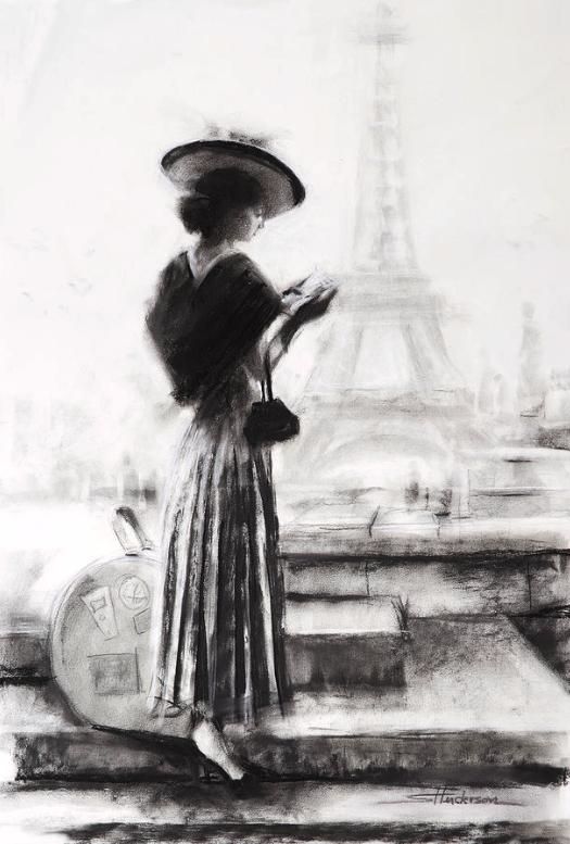 Art print of an original charcoal drawing depicting a young woman standing in front of the Eiffel Tower in France, looking through a book.