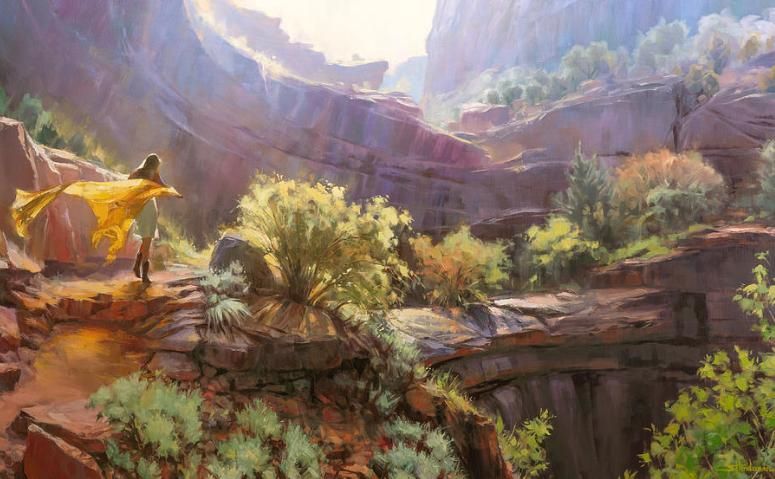 Art print of an original oil painting depicting a young woman walking through the Grand Canyon landscape.