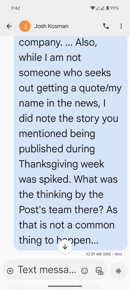 This is the third of three screenshots memorializing a discussion by text between Gary Snyder and Josh Kosman, author of the well-received book "The Buyout of America: How Private Equity Will Cause the Next Great Credit Crisis" and longtime Manhattan-based business writer, on March 27, 2025 beginning at 10:29 AM.