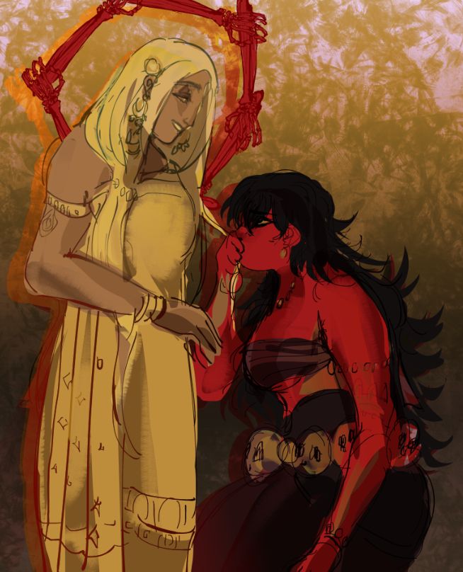 digital illustration of two women, one is wearing a dull yellow saree and has pale yellow hair, she looks holy and regal however her halo is built of blood red skeletal arms grasping each other. the other woman has red skin, spiky long black hair and a belt of real skulls. she is knelt before her companion and looks up to her as she places a kiss on a strand of her hair.