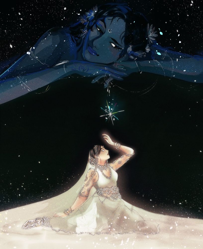 Digital illustration of two women. One is knelt on the floor clad in white and the other is large and blue in the night sky, dangling a single star for the dreamer beneath. The one on the ground looks wistfully upwards and reaches a hand out.