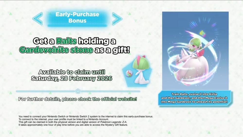The Ralts pre-purchase bonus information for Pokémon Legends Z-A. "Get a Ralts holding a Gardevoirite stone as a gift!"