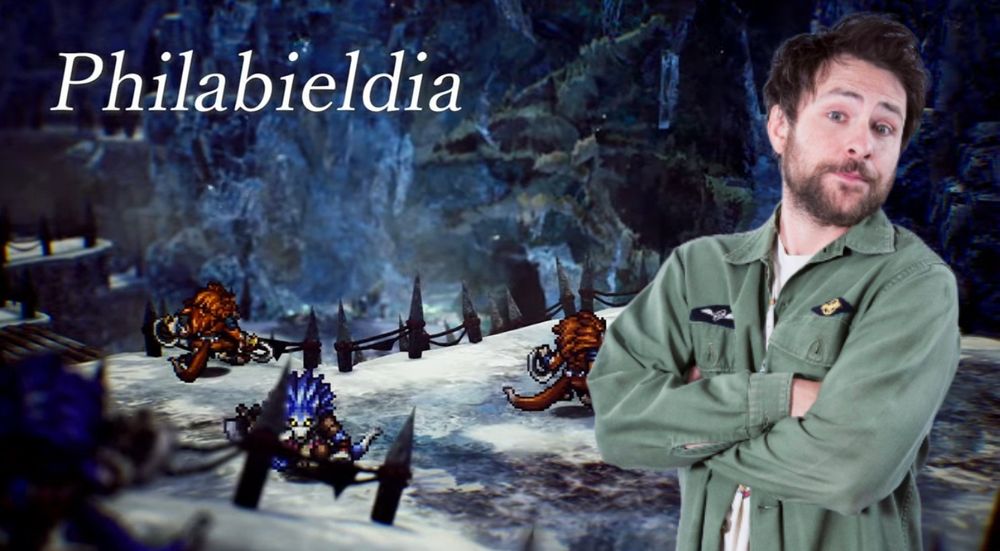 Adventures of Elliot screenshot showing 'Philabieldia' with a picture of Charlie Day from It's Always Sunny
