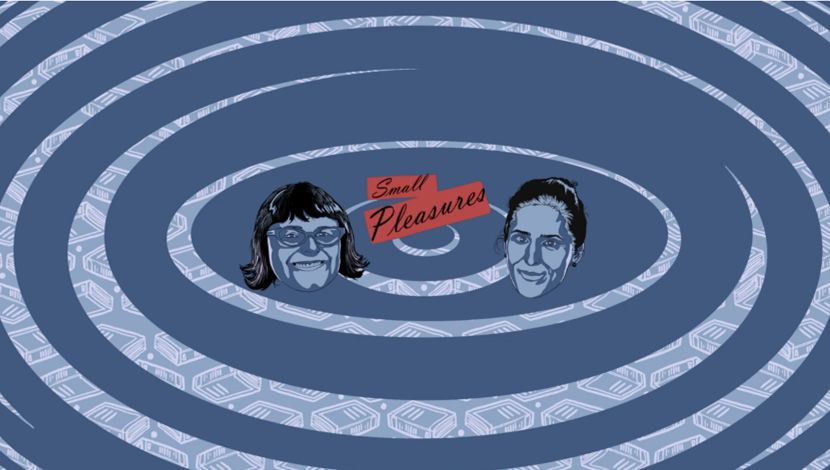 A blue swirled back featuring cartoon heads of the two hosts. 