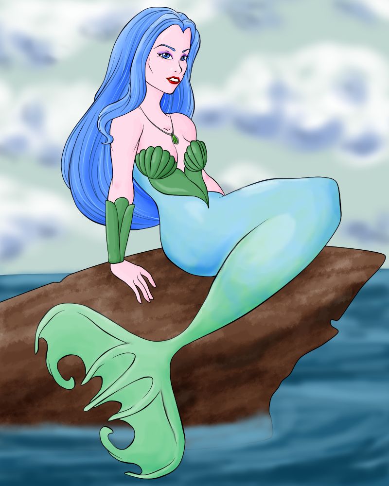 Mermista from the original 80s animation She-Ra: Princess of Power sits on a rock protruding from the sea. She has long blue hair and a pale blue tail that color shifts into a pale teal fin. She wears a green pendant and green armor shaped like shells.