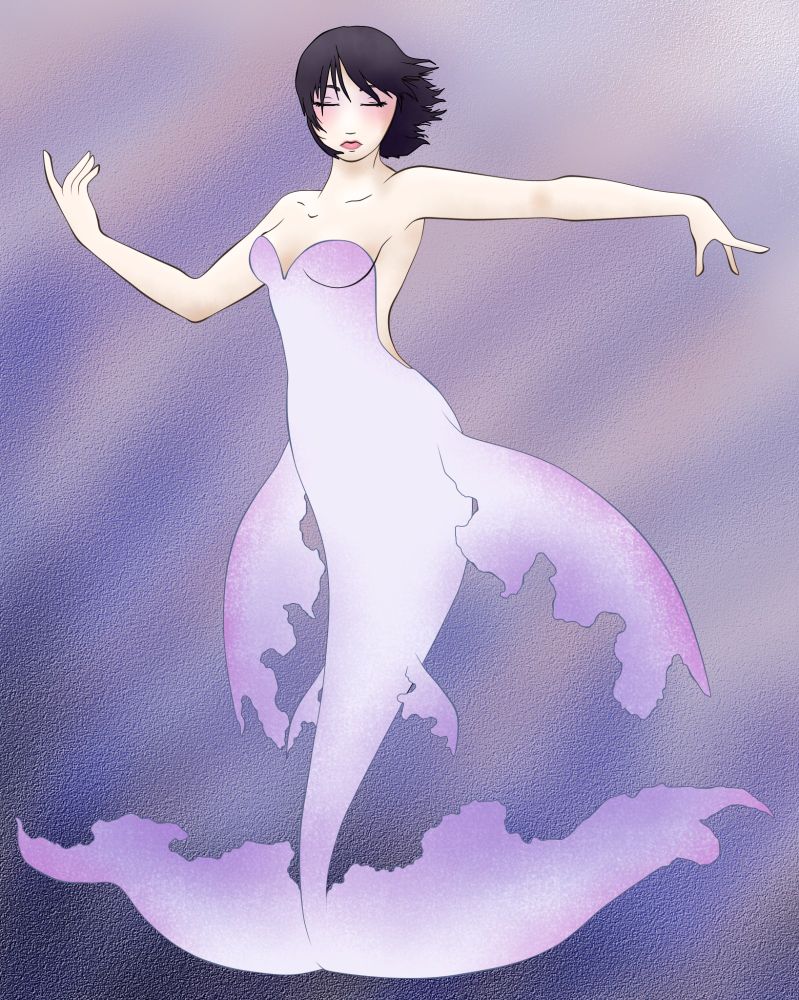 A pale mermaid with short black hair and a pale lavender tail and large frilled lavender fins dances against a lavender backdrop. Her eyes are closed.