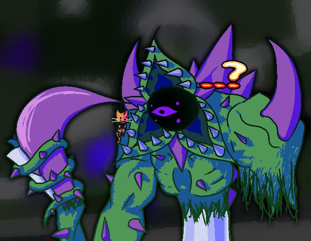 Experiment I, a giant plant monster with a singular eye mounted on a metallic hinge, holding a small cat by it's bandana using a scythe