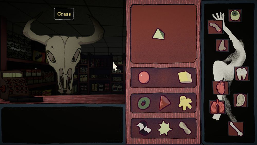a game screenshot shows a bull's skull at a shop counter. to the right is a selection of abstract objects, like a pyramid, a ball, a cone, a donut shape, and a mobius strip. another menu shows a human body with different highlighted parts, like an "operation" board game.