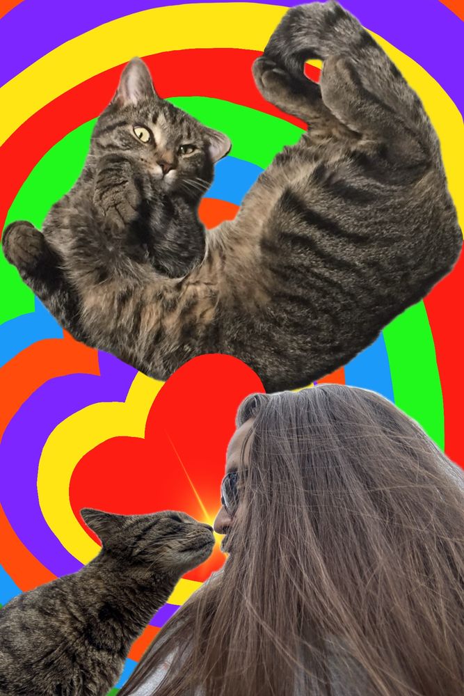 Simple collage of two photos and some colorful ink-drawing. At the bottom, a photo of a brown tabby cat and a long brown-haired person with facial hair, both shown in profile, leaning toward each other and touching noses. At the point the noses touch is a luminous spark of light, and behind them the outlines of a red inked heart-symbol. Above that red heart is another photo of the same cat rolling around playfully on its back, paws curled and head cocked quizzically. From the red heart at the center, bands of other inked colors radiate outward creating a bright and cheerful effect behind the two photos.