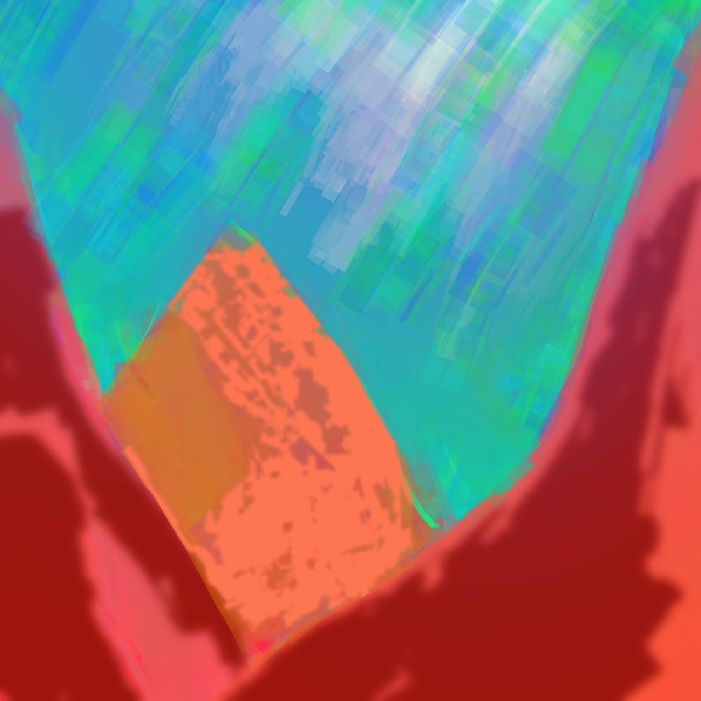 a barren looking abstract landscape of rust and sand colored peaks sits drably underneath an oddly iridescent bluegreen sky that seems to shower rays of light from above, streaking brightly downward.