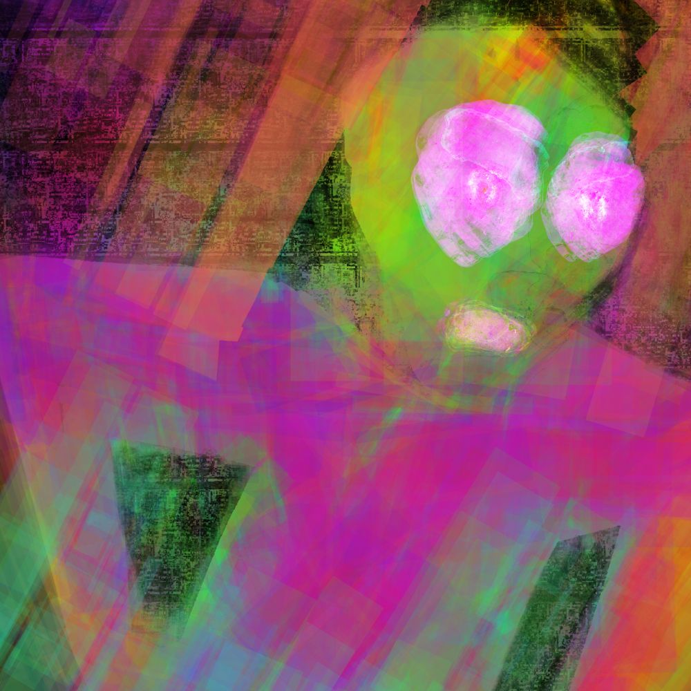 On a roughly square canvas, the abstractly rendered torso and head of a humanoid figure appears to be surging, leaning, leaping, or climbing (hoisting itself over something) from left to right, it’s arms spread out at the shoulders and then bent downward at the elbows at 90° in an aggressive posture. The torso and arms are mostly solid magenta fading into some orange at the forearms. The hands are invisible, cut off below the bottom of the frame. The head appears to be bald and the skin is a sickly green color with eyes and mouth ringed in pink and white. The facial expression appears angry or strained, or straining with effort or rage (or both).

The background behind the figure is mostly dark, but streaks of yellow-orange from above and blue-green from below appear superimposed on both figure and background as if they are light effects or perhaps a kind of diaphanous barrier the figure is thrusting against or bursting through.