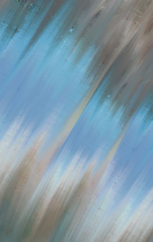 on a portrait oriented canvas, streaks of muted color evoke cloud, wood, stone & sky. The streaks follow a diagonal sweep and form 3 main color sections:

From the bottom left, streaks of earthen tones laces with cloud-white sweep upward into the frame, meeting a strip of sky blue in the center.

From the top right, darker-toned streaks sweep in, also meeting the strip of sky blue across the center.

In just two places, streaks from the light and dark sides touch, barely overlapping, as if just meeting, or at the final point of being pulled apart.