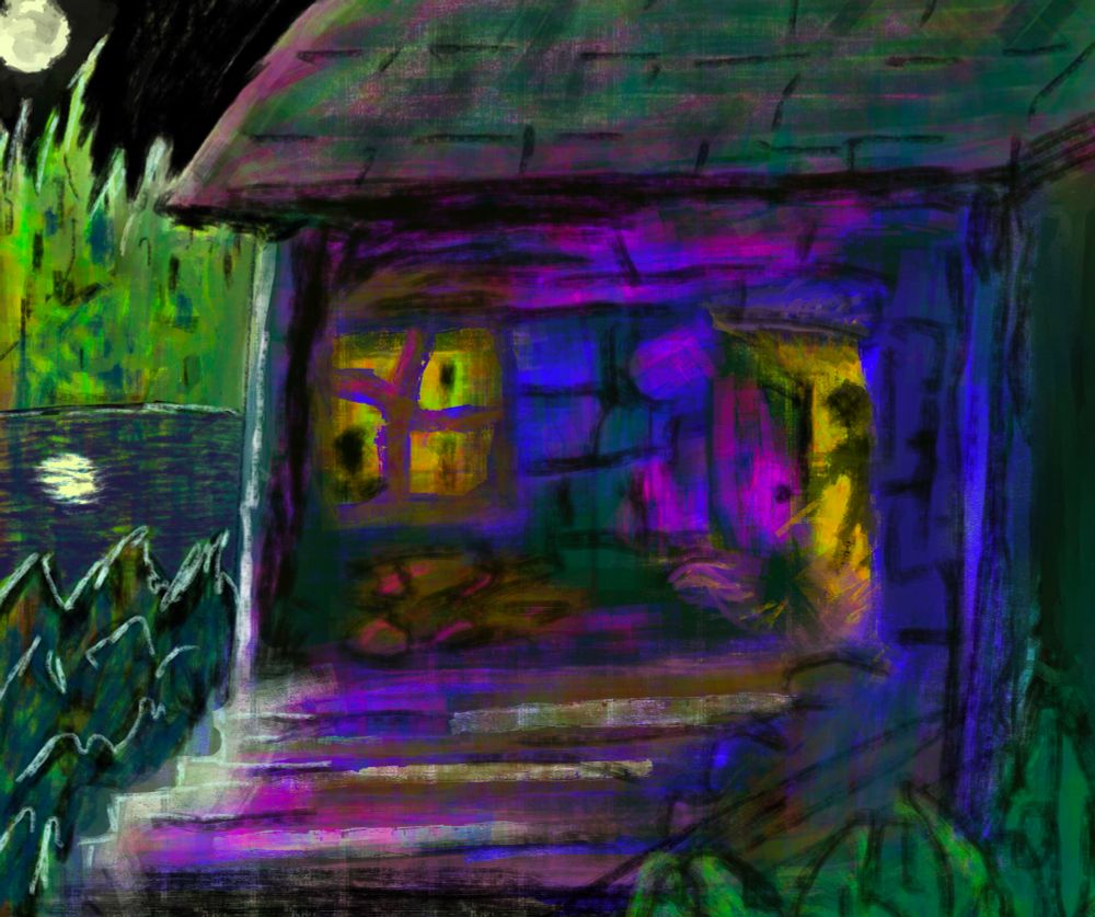 on a roughly square canvas, a small building—a cabin—sits surrounded by greenery, and framed on the left by some ground level foliage and a greenery-lined pond behind. A full moon is shining from the upper left corner, reflecting in the pond and lighting up the surrounding foliage from behind. Outlines of moonlight similarly limn the left side of the cabin and the stairs leading up to it, as well as the ground-level plants. The cabin itself is shown in twilight hues of magenta, blue and violet, with a moss-and lichen hued shingled roof. A pile of logs sits on the porch below a square window with four crooked panes lit from within and appearing to show the silhouetted outlines of two figures inside. To the right of the window, a door hangs partly open with another silhouetted figure standing just inside, one hand on the door and the other arm and hand out of view. The right side of the cabin and plants on that side are cast in bluegray shadow.