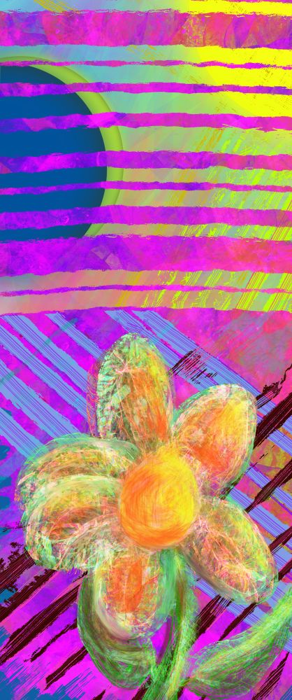Tall portrait oriented canvas with a flower taking up the bottom half and an unfolding solar eclipse in the top half. The flower is in the foreground, rendered in layers of sketched and scratched strokes of varying colors, creating at times a mild iridescent effect. Its single 6-petal bloom is in varying shades of yellow and orange with white and green light-accents, beneath which a green stem disappears off the bottom of the frame. Attached to the stem are two green upward curling leaves, one on each side. The whole plant appears to be catching accents of light from the upper right.

The background of the entire frame is made of mottled paint strokes of magenta and violet. In front of this background, but behind the flower are scratched ink lines of two different colors, moving in two different directions. Several parallel lines in a dark red, almost mahogany streak diagonally upward from left to right behind the flower, while others of a light cornflower blue streak downward diagonally from left to right, crossing behind the flower.

In the upper half of the frame, the magenta and Violet background is interrupted by similar streaks which appear to reveal another layer behind the original painting.  They are almost representative of blinds over a window, beyond which we see a mottled green and blue sky, with a dark orb entering the frame from the left, and—along an imagined ecliptic curve— a lighter yellow orb occupying the upper right corner of the frame and appearing to shine an aura of yellow light and also more scratched ink streaks of yellow and yellow green down toward the bottom half of the frame. The edge of the dark or on the left that is facing this light on the right is itself illuminated with a yellow green halo at the edge.
