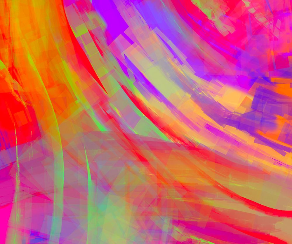 Streak of bright color are layered atop one another, perhaps suggesting a bright multicolored sky casting rays of light upon a slightly more muted landscape.