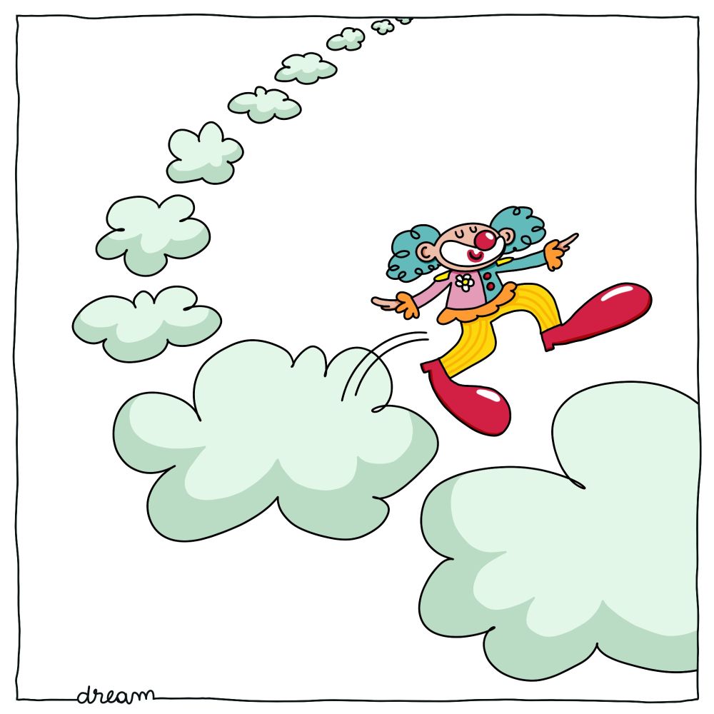 Un clown qui saute de nuage en nuage, il est habillé comme un clown, il possède une perruque bleue et de très grandes chaussures, il a l'air heureux et léger.
