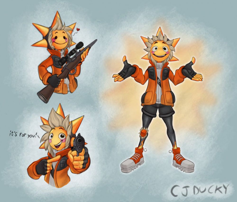 Sunspot from Fortnite. Top left shows him holding a sniper rifle. Bottom left shows him pointing a gun at the viewer saying "it's for You!". The drawing on the right is of him standing and facing the viewer shining bright.