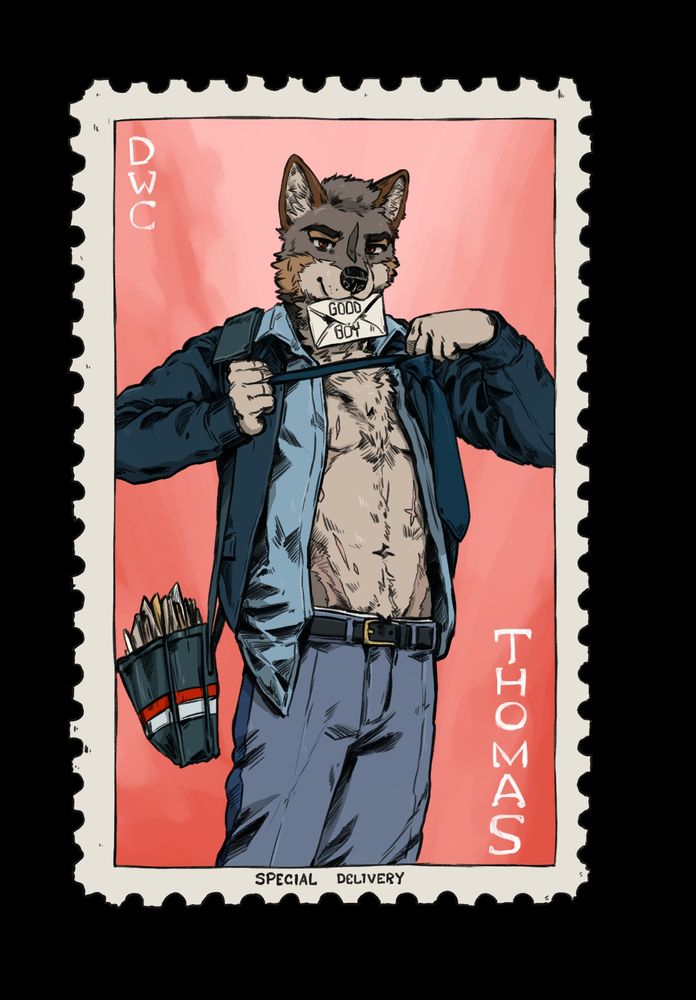 An anthro wolf named Thomas in a postman outfit, loosening his tie, and biting on a letter addressed to a "good boy"
