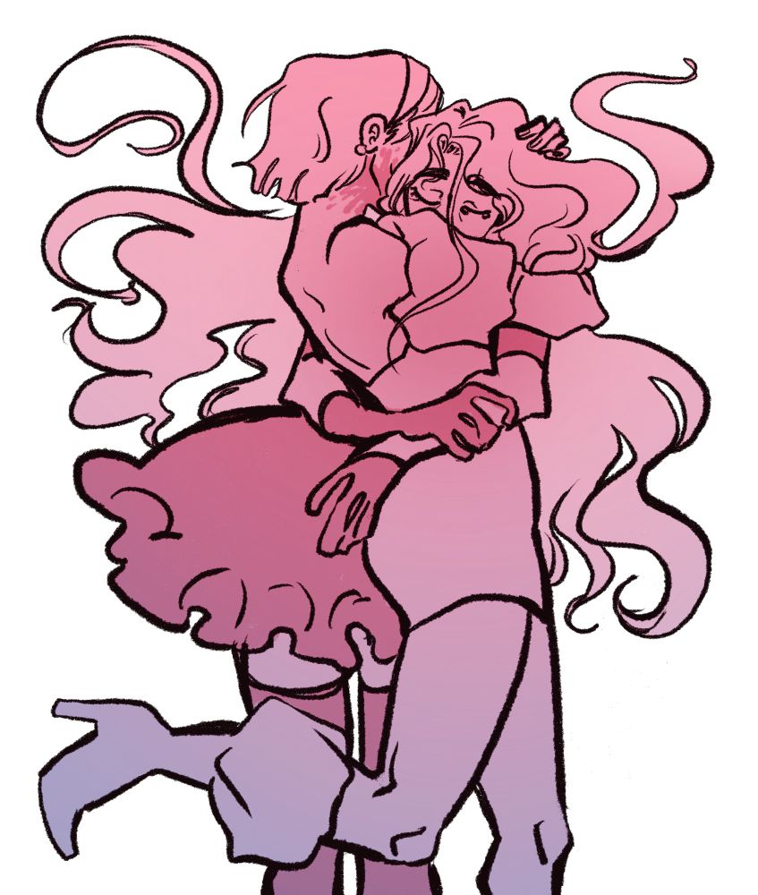 a drawing of mizi and sua from alien stage. they are hugging. sua is mid-motion with one foot in the air. mizi is burying her face in sua's shoulder, and sua's face is hidden behind mizi's head. there is blood on sua's chin.