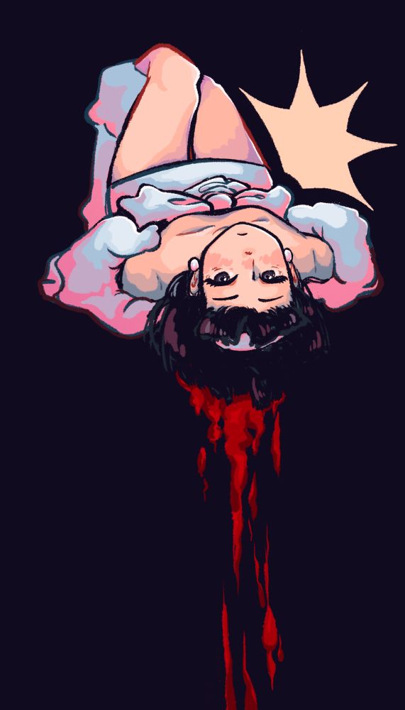 illustration of Sua (Alien Stage) lying on her back and making eye contact with the camera with her head tilted back. she is uninjured. blood drips down the image from behind her head.